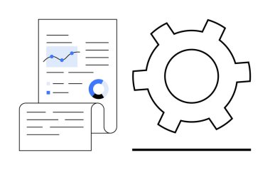Analiz, strateji ve iş akışını temsil eden bir dişli simgesi ile birlikte tablolar, veriler ve metin ile birlikte rapor ver. Analiz, optimizasyon, planlama, otomasyon stratejisi üretkenliği için ideal basit iniş