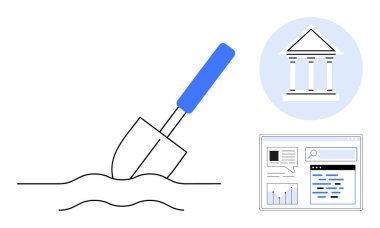 Toprağı kazmak, mavi daireli hükümet binası, veri ve çizelgelerle dolu web sayfası. Yenilik, araştırma, yatırım, vakıflar, yönetim, sürdürülebilirlik için ideal basit bir iniş sayfası