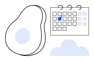 Minimalist avokado, işaretli tarihli liste tarzı takvim, ve bulutlar sağlık, planlama ve dengeyi çağrıştırıyor. Sağlık, programlama, hedefler, üretkenlik, farkındalık için ideal.