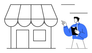 Elinde pano tutan adam mağaza önünü işaret ediyor. İş stratejisini, yönetimi ve planlamayı temsil ediyor. Girişimcilik, perakende, takım stratejisi, ilerleme, piyasa araştırma analizleri için ideal