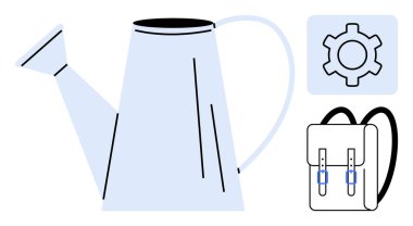 Sulama, bakımı sembolize eder, yenilik için vites simgesi ve eğitimi vurgulayan bir sırt çantası. Büyüme, takım çalışması, üretkenlik, eğitim, sürdürülebilirlik, araçlar ve basit bir iniş için ideal