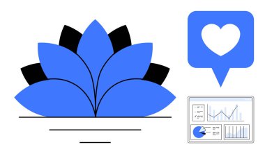 Mavi nilüfer çiçeği tasarımı büyümeyi analitik tabloyla ve kalp kabarcığı farkındalığı sembolize ediyor. Sağlık, farkındalık, büyüme, analitik, doğa, meditasyon, basit iniş sayfası için ideal