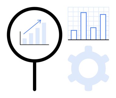 Çizgi üzerinde büyüteç, bar çizelgesi ve veri analizini, büyümeyi ve teknik süreci gösteren teçhizat. İş için ideal, verimlilik, optimizasyon araştırma geliştirme yeniliği. Düz