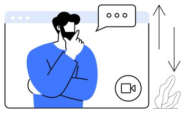 Tarayıcı penceresinin içinde video simgesi, sohbet balonu ve okları olan düşünceli bir birey. İletişim, beyin fırtınası, uzak çalışma, minimalizm, çevrimiçi öğrenim danışmanlığı için ideal