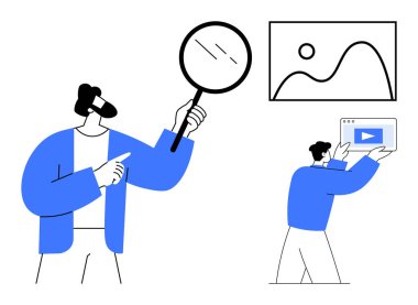 Bir büyüteçle profesyonel inceleme, bir diğeri de ekran sunuyor. Araştırma, takım çalışması, analitik, sunum, veri keşfi, iş büyümesi, basit iniş sayfası için ideal