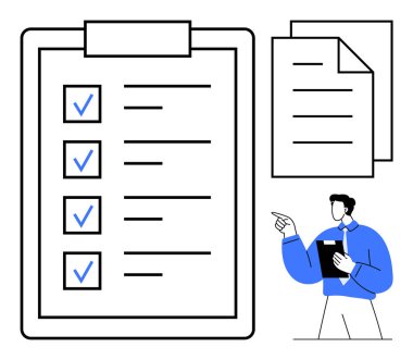 Tamamlanmış çek kutuları, ilave belgeler ve elinde notlar olan büyük bir pano. Görev yönetimi, organizasyon, üretkenlik, planlama, iş akışı için ideal, düz bir metafor