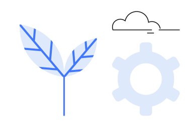 Doğayı temsil eden yaprak, teknolojiyi sembolize eden vites ve yeniliği çağrıştıran bulut. Sürdürülebilirlik için ideal, yeşil enerji, eko-teknoloji, modern endüstri, kalkınma, doğa-teknoloji dengesi düz düz