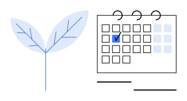 Hassas bir yaprak ve tarih işaretli bir takvim de dahil olmak üzere iki basit element ekolojik odak ve çevresel farkındalığı vurguluyor. Sürdürülebilirlik, zamanlama, çevre dostu etkinlikler ve planlama için ideal