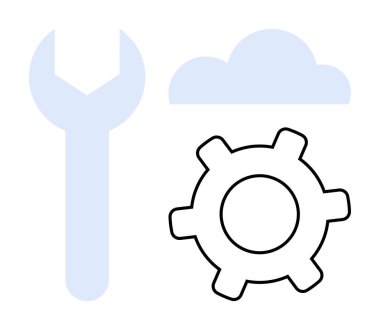 Anahtar, dişli ve bulut elementleri bulut bakımını, yazılım gelişimini ve sistem ayarlarını temsil ediyor. Teknoloji, bulut depolama, aletler, tamir uygulamaları için ideal basit bir metafor.
