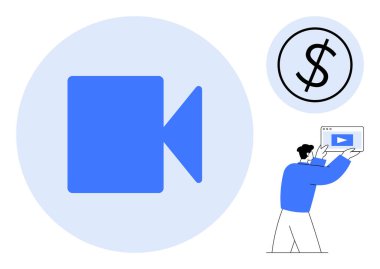 Büyük mavi kamera ikonu, siyah yuvarlak dolar işareti, elinde video web sayfası olan kişi. Video pazarlama, içerik oluşturma, para kazanma, yayın platformları, dijital reklamcılık, finansal