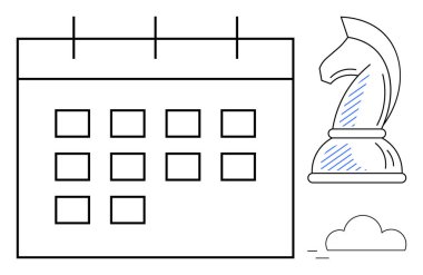 Satranç şövalyesi ve küçük bulut ile takvim çizelgesi strateji, zamanlama, karar verme ve öngörüyü vurguluyor. Planlama, organizasyon, strateji, tahmin, zaman yönetimi liderliği için ideal