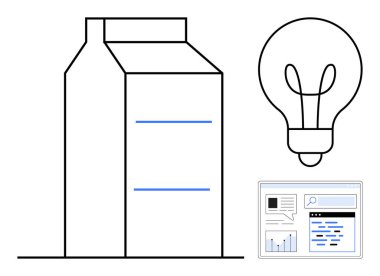 Minimalist karton kutu, parlayan ampul ve grafik ve içerikli arayüz ekranı. Yenilik için ideal, sürdürülebilirlik, ürün tasarımı, dijital çözümler, veri analizi, yaratıcılık basit