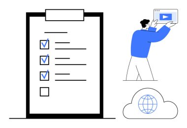 İşaretli görevleri olan kontrol listesi, küresel bulutlar, medyayı sunan kişi. Takım çalışması, görev takibi, verimlilik, planlama, dijital içerik, bulut teknolojisi basit iniş sayfası için ideal