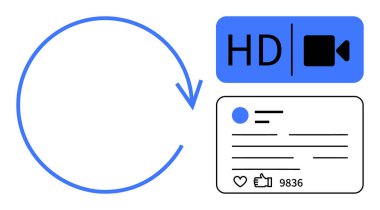Dairesel ok, HD video simgesi ve başparmakları ve yorumları olan etkileşimli sosyal gönderi. Sosyal medya, video pazarlama, içerik bağlantısı, çevrimiçi markalaşma, etkileşim, içerik oluşturma için ideal