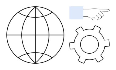 Küresel erişimi gösteren küre, otomasyonu temsil eden vites, yönü ya da seçimi gösteren el işaretleri. Teknoloji, yenilik, takım çalışması, iş akışı, navigasyon, basit iniş için ideal