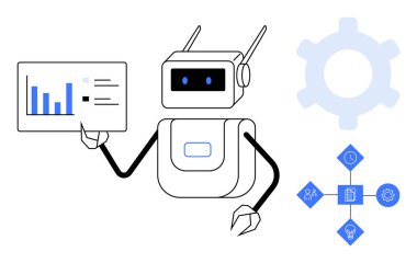 Veri şemasını, otomasyon, veri analizi, yenilik ve teknolojiyi sembolize eden birbirine bağlı ikonların yanında tutan robot. Yapay zeka, otomasyon, robot bilimi ve veri için ideal