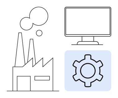 Duman yığınları, dişli ikonu ve bilgisayar monitörü üretimi, otomasyonu ve teknolojiyi simgeleyen bir fabrika. Sanayi, üretim, mühendislik, yenilikçi verimlilik yazılımı için idealdir.