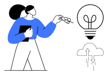 Tablet tutan kadın, fikirler için ampulü işaret eden ve veri akışı için okları olan bulut. Yenilik, yaratıcılık, beyin fırtınası, teknoloji, problem çözme, dijital dönüşüm için ideal