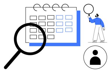 Kalın büyüteçli takvim, konuşma balonu tutan kişi ve kullanıcı profili simgesi. Program, etkinlik organizasyonu, zaman yönetimi, görev öncelikleri, verimlilik, atölyeler için ideal