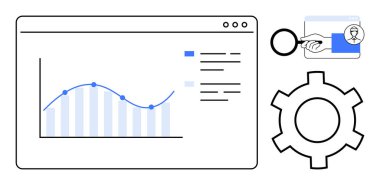 Eğilim çizgisi ve çubukları olan grafikler, filtre düğmesi ve dişli simgesi veri analizi, kontrol ve optimizasyonu temsil ediyor. Veri analizi, iş araçları, panel UI, işlem yönetimi stratejisi için ideal