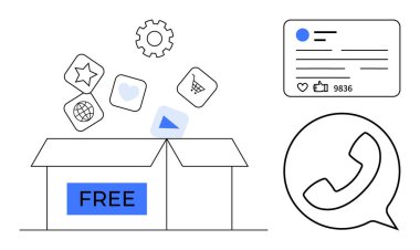 Dijital uygulama simgeleri ve simgeleri, sosyal medya profili genel görünümü ve telefon sohbet simgesi etiketli açık kutu. Dijital pazarlama, teknoloji, sosyal medya, iletişim, ücretsiz uygulamalar için ideal