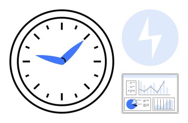 Cesur mavi elli saat, çizelgeli analitik panel ve enerji cıvata sembolü. Üretkenlik, zaman yönetimi, veri analizi, enerji verimliliği, iş akışı optimizasyonu, proje için ideal