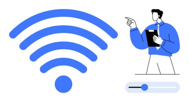 Kablosuz sinyal dalgaları, panosu sinyali gösteren bir adam ayarlamalar için bağlantı kaydırıcı. Teknoloji için ideal, kablosuz iletişim, ağ kurulumu, internet yönetimi, teknik destek