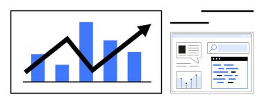 Haritaları, arama çubuğunu ve metni gösteren dijital arayüzün yanında yukarı doğru ok olan çubuk grafiği. Analiz, veri içgörüsü, iş stratejisi, başarı, dijital pazarlama, ilerleme izleme için ideal