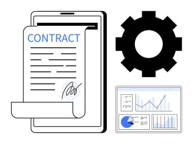 Tablette imzalı kontrat, işlem için teçhizat analiz ve içgörü için gösterge paneli. İş, yönetim, ilerleme, dijital dönüşüm, süreç iyileştirmesi ve e-imza için ideal