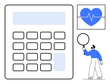 Analiz için hesap makinesi, sağlık takibi için kalp atışı grafiği, verileri inceleyen araştırmacı. Sağlık, teknoloji, istatistik, finans, eğitim ve araştırma için ideal