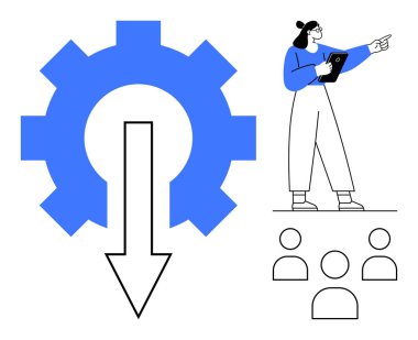 Ok işleme verimliliğini gösteren bir vites, tabletli bir kadın takımı işaret ediyor. İş stratejisi, takım çalışması, karar verme, üretkenlik, iş akışı, yönetim, basit iniş için ideal