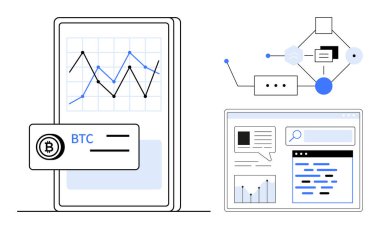 BTC fiyatlandırma grafiği, engelleme ağı diyagramı ve gösterge paneli arayüzü olan akıllı telefon. Fintech, finans, kripto para birimi, analitik, engelleme zinciri, teknoloji sade iniş sayfası için ideal