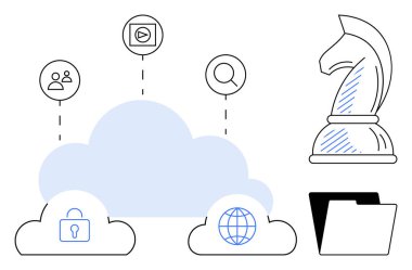 Bulut tabanlı bağlantılar veri koruması, küresel erişim ve medya aramasını vurguluyor. Strateji sembolleriyle tamamlanan bu yöntem dijital yenilikleri vurguluyor. Teknoloji, güvenlik ve strateji için ideal