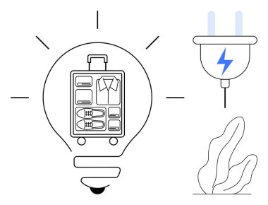 İçinde organize bavul parçaları olan ampul, enerjiyi sembolize eden elektrik prizi, minimalist bitki. Seyahat planlama, yenilik, enerji tasarrufu tavsiyeleri, organizasyon, sürdürülebilirlik, yaratıcı