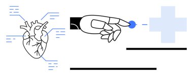 Robot el insan kalbinin yakınındaki tıbbi haç sembolüne notlarla dokunuyor. Yenilik, sağlık, teknoloji, yapay zeka, teletıp, dijital sağlık, araştırma kavramları için idealdir. Düz basit