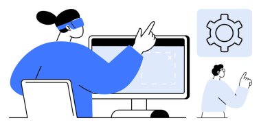 Teknoloji odaklı bir çalışma alanına giren iki kişi. Kurulum için renklendirme dişlisi simgesini göster. Teknoloji ekip çalışması, yenilik, veri analizi, problem çözme, dijital strateji, ürün tasarımı için ideal