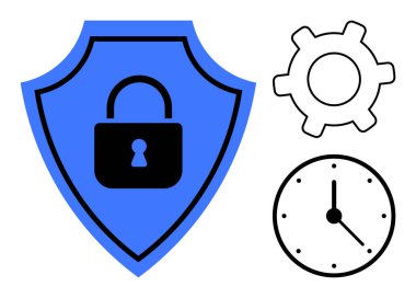 Kalkanların kilit taşıma güvenliği, saatin zaman yönetimini simgelemesi, teçhizatın sistem çalışmasını göstermesi. Siber güvenlik, verimlilik, süreç optimizasyonu, yazılım, sistem güvenilirliği için ideal