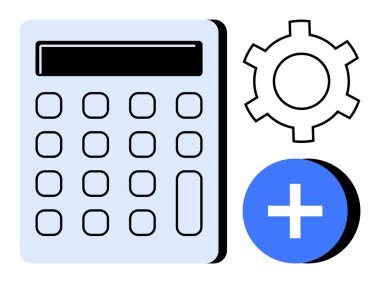Matematik, teknoloji, işletme ve optimizasyonu sembolize eden hesap makinesi, dişli ve artı işareti. Finans, iş ve eğitim teknolojisi için ideal hesaplama verimliliği basit iniş sayfası