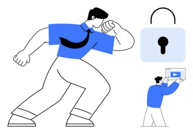 Güvenliği sembolize eden güçlü bir figür video ekranı tutan küçük bir figür ve kilit. Siber güvenlik, veri koruması, kişisel güvenlik, mahremiyet, çevrimiçi eğitim, teknoloji hizmetleri için ideal