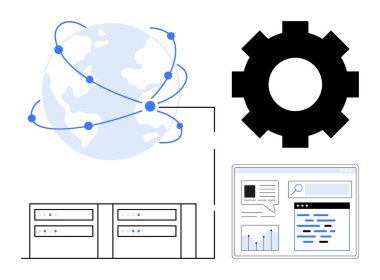 Bağlı düğümlere sahip dünya, sistem işlemleri için dişli sembolü, veri sunucuları ve analitik gösterge paneli. Teknoloji, veri yönetimi, küresel iletişim, bilişim sistemleri, web hizmetleri süreci için ideal