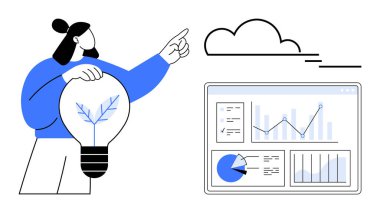 Eko-ilham verici ampulü tutan kadın bulutu işaret ediyor, ekranda grafikler ve grafikler üzerinde çalışıyor. Veri analizi, yenilik, sürdürülebilirlik, takım çalışması, karar verme, bulut hesaplama, basit
