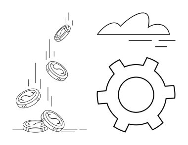 Hareket halindeki sikkeler, iş ya da sistemi temsil eden büyük bir dişli ve yukarıda bir bulut. İş, fintech, otomasyon, tasarruf, takım çalışması, çevrimiçi platformlar ve basit bir iniş sayfası için ideal