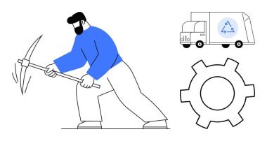 Kazma, geri dönüşüm kamyonu ve emek, çevre bilinci, endüstri, sürdürülebilirlik, temiz enerji, çevre dostu teknoloji kaynak yönetimi temsil eden teçhizat. Eğitim için ideal