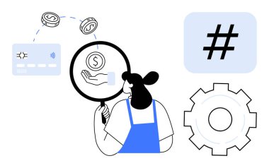 Finansal verilere büyüteçle odaklanan kadın dijital işlemleri, sikkeleri, ayarları ve meta verileri inceliyor. Finans, bankacılık, veri incelemesi, dijital araçlar fintech için ideal