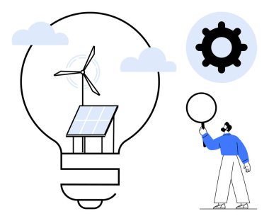 Güneş paneli ve rüzgar türbini bir ampul çizgisi içine entegre edilmiş, boş bir daire tutan kişi, dişli ikonu ve bulutlar. Yenilenebilir enerji, yenilik, sürdürülebilirlik, çevre dostu olmak için ideal