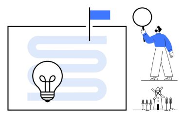 Mavi bayrağa giden dolambaçlı bir yolda ampul elinde büyüteç, rüzgar türbinleri ve ağaçlar tutan bir adam. Yenilik için ideal, sürdürülebilirlik, yaratıcılık, çözümler, ilerleme araştırması