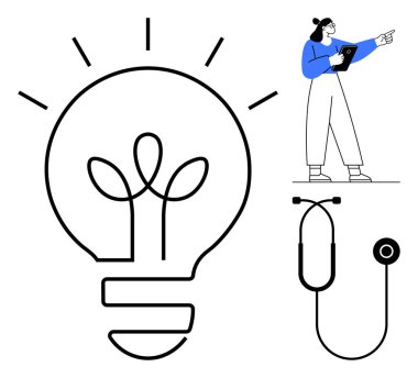 Yapraklı ampul yeniliği, sağlık konsepti steteskopunu, panosu olan kişi profesyonel değerlendirmeyi sembolize eder. Sağlık, yenilik, sürdürülebilirlik ve yaratıcılık için ideal