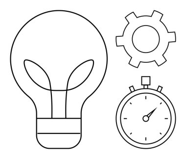 Ampul, dişli ve kronometre ana hatları yaratıcılığı, yeniliği, verimliliği, takım çalışmasını, stratejiyi, proje yönetimini simgeler. Beyin fırtınası iş akışı planlama zamanı yaratıcılığını izlemek için ideal
