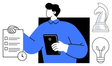 Kontrol listesi ve tablet, saat, satranç şövalyesi, ampul planlamayı, problem çözmeyi, yaratıcılığı, liderliği, zaman yönetimi yenilik verimliliğini simgeliyor. İş için ideal