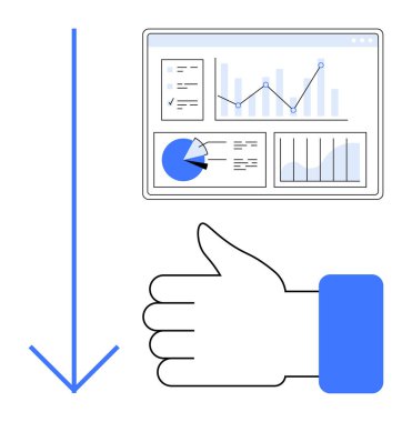 Grafikleri, pasta grafiği ve çizelgesi olan analitik gösterge paneli baş parmakları yukarı ve aşağı mavi oku gösteriyor. Geri bildirim, veri analizi, ölçüler, performans değerlendirmeleri, karar verme süreci için ideal